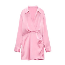 Load image into Gallery viewer, Summer Silk Satin Mini Dress with Turn Down Collar and Elegant Long Sleeves