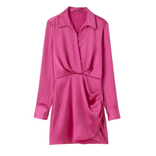 Load image into Gallery viewer, Summer Silk Satin Mini Dress with Turn Down Collar and Elegant Long Sleeves