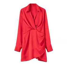 Load image into Gallery viewer, Summer Silk Satin Mini Dress with Turn Down Collar and Elegant Long Sleeves