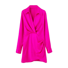 Load image into Gallery viewer, Summer Silk Satin Mini Dress with Turn Down Collar and Elegant Long Sleeves