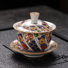 Load image into Gallery viewer, Porcelain Qianfo Pattern Sancai Gaiwan Tea Infuser and Bowl Set