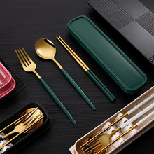 Load image into Gallery viewer, Portable 3‑Piece Stainless Steel Cutlery Set with Chopsticks, Fork, Spoon