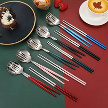 Load image into Gallery viewer, Portable 3‑Piece Stainless Steel Cutlery Set with Chopsticks, Fork, Spoon