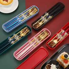 Load image into Gallery viewer, Portable 3‑Piece Stainless Steel Cutlery Set with Chopsticks, Fork, Spoon