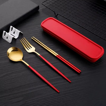 Load image into Gallery viewer, Portable 3‑Piece Stainless Steel Cutlery Set with Chopsticks, Fork, Spoon