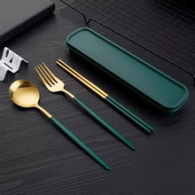 Load image into Gallery viewer, Portable 3‑Piece Stainless Steel Cutlery Set with Chopsticks, Fork, Spoon