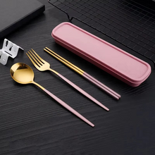 Load image into Gallery viewer, Portable 3‑Piece Stainless Steel Cutlery Set with Chopsticks, Fork, Spoon