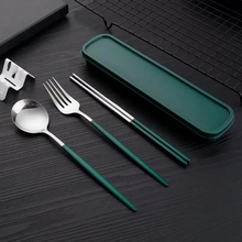 Load image into Gallery viewer, Portable 3‑Piece Stainless Steel Cutlery Set with Chopsticks, Fork, Spoon