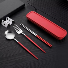 Load image into Gallery viewer, Portable 3‑Piece Stainless Steel Cutlery Set with Chopsticks, Fork, Spoon