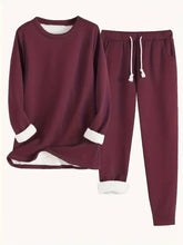 Load image into Gallery viewer, Fleece Lined Sweatsuit Set for Women with Crewneck Top and Drawstring Pants