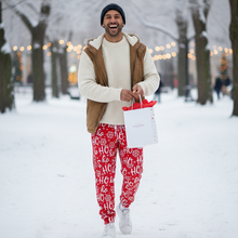 Load image into Gallery viewer, Men's Christmas Pants Santa Reindeer and Tree Print Red and White Holiday Trousers