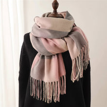 Load image into Gallery viewer, Cozy Pink and Gray Oversized Plaid Scarf