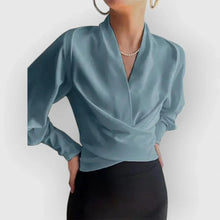 Load image into Gallery viewer, Stylish women's wrap top with long sleeves, ideal for work, business, or elegant casual outfits.