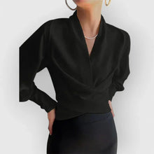 Load image into Gallery viewer, Flowy women's wrap blouse with long sleeves, offering a comfortable yet elegant style for work and daily wear.