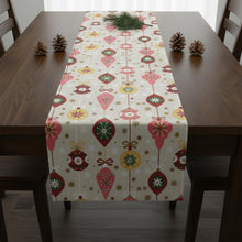 Load image into Gallery viewer, Beige Christmas table runner on dark wood table with pinecones