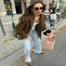 Load image into Gallery viewer, Long Sleeve Suede Jacket with Lapel Collar and Side Pockets for Women