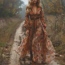 Load image into Gallery viewer, Womens Floral Tiered Maxi Dress with Straight Long Sleeves and Relaxed Fit for Casual Wear