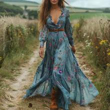 Load image into Gallery viewer, Womens Floral Tiered Maxi Dress with Straight Long Sleeves and Relaxed Fit for Casual Wear