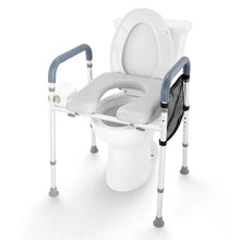 Load image into Gallery viewer, Adjustable Height Raised Toilet Seat Frame with Padded Armrests and Aluminum Body