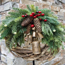 Load image into Gallery viewer, Christmas Wreath with Vine Base and Golden Bells, 17 Inch Diameter