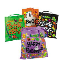 Load image into Gallery viewer, Large Reusable Halloween Tote Bags Set of 12 in Four Neon Designs with Long Handles
