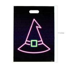 Load image into Gallery viewer, Neon Halloween Plastic Goody Bags Pack of 100 in Four Designs with Cutout Handles for Party Favors