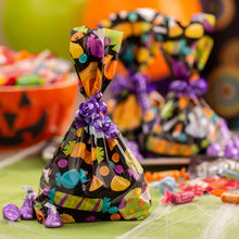 Load image into Gallery viewer, Halloween Cellophane Treat Bags Set of 12 with Ghost and Candy Print for Party Favors and Goodie Giveaways