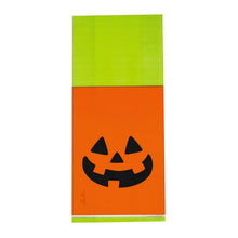 Load image into Gallery viewer, Large Jack O Lantern Cellophane Bags Pack of 50 with Orange and Green Design for Halloween Treats