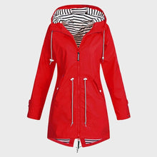 Load image into Gallery viewer, Womens Long Hooded Rain Jacket with Adjustable Drawstring and Water Resistant Shell