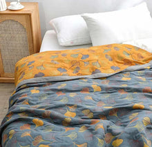 Load image into Gallery viewer, Ginkgo Leaf Throw Blanket Reversible Yellow and Blue Design