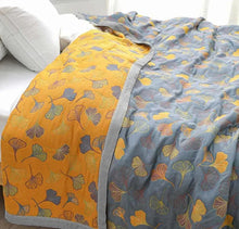 Load image into Gallery viewer, Ginkgo Leaf Throw Blanket Reversible Yellow and Blue Design