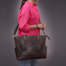 Load image into Gallery viewer, Portland Buffalo Leather Tote Purse Bag with Zipper Brown