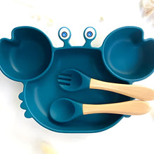 Load image into Gallery viewer, Silicone Crab Shaped Baby Feeding Set with Bamboo Utensils