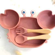 Load image into Gallery viewer, Silicone Crab Shaped Baby Feeding Set with Bamboo Utensils