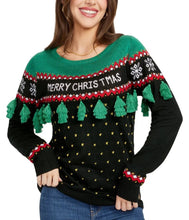 Load image into Gallery viewer, Womens Plus Size Christmas Tree Tassel Sweater in Festive Green and Red
