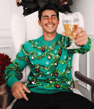 Load image into Gallery viewer, Mens Gaudy Garland Christmas Sweater with Shiny Baubles and Tinsel Trim