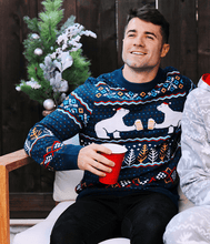Load image into Gallery viewer, Mens Polar Bear Party Ugly Christmas Sweater with Fair Isle Pattern and Santa Hats