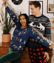 Load image into Gallery viewer, Mens Polar Bear Party Ugly Christmas Sweater with Fair Isle Pattern and Santa Hats