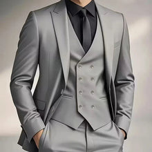 Load image into Gallery viewer, Men's slim fit double-breasted 3-piece suit, showcasing the waistcoat and jacket. Business-ready.