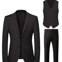Load image into Gallery viewer, Stylish slim fit 3-piece men's suit, featuring a double-breasted jacket and matching waistcoat.