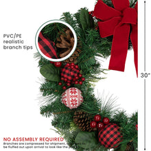 Load image into Gallery viewer, Red Bow Christmas Wreath with Plaid and Snowflake Ornaments 30 Inch Unlit