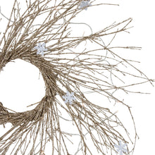 Load image into Gallery viewer, Prelit Gold Glitter Twig Christmas Wreath with Snowflakes and Warm White Lights 28 Inch