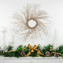 Load image into Gallery viewer, Prelit Gold Glitter Twig Christmas Wreath with Snowflakes and Warm White Lights 28 Inch