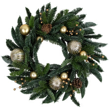 Load image into Gallery viewer, Lifelike Green Pine Christmas Wreath with Gold Ball Ornaments 22 Inch Unlit