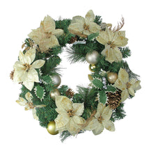 Load image into Gallery viewer, Gold Ornament Christmas Wreath with Poinsettias and Pine Cones 24 Inch Unlit