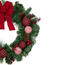 Load image into Gallery viewer, Red Bow Christmas Wreath with Plaid and Snowflake Ornaments 30 Inch Unlit