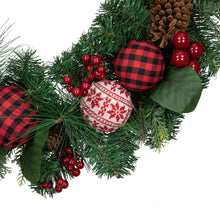 Load image into Gallery viewer, Red Bow Christmas Wreath with Plaid and Snowflake Ornaments 30 Inch Unlit