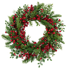 Load image into Gallery viewer, Mixed Pine and Cedar Christmas Wreath with Red Berries and Holly 30 Inch Unlit