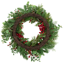 Load image into Gallery viewer, Mixed Pine and Cedar Christmas Wreath with Red Berries and Holly 30 Inch Unlit