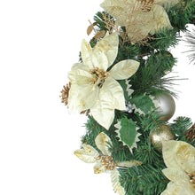 Load image into Gallery viewer, Gold Ornament Christmas Wreath with Poinsettias and Pine Cones 24 Inch Unlit